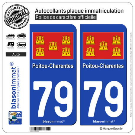 2 Autocollants plaque immatriculation Auto 79 Poitou-Charentes - Drapeau