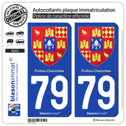 2 Autocollants plaque immatriculation Auto 79 Poitou-Charentes - Armoiries II