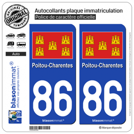 2 Autocollants plaque immatriculation Auto 86 Poitou-Charentes - Drapeau