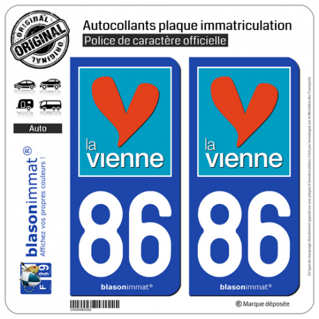 2 Autocollants plaque immatriculation Auto 86 Vienne - Département