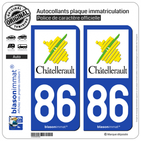 2 Autocollants plaque immatriculation Auto 86 Châtellerault - Ville