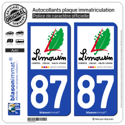 2 Autocollants plaque immatriculation Auto 87 Limousin - Tourisme