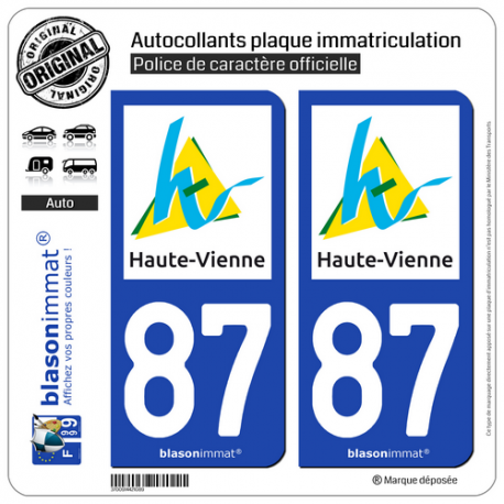 2 Autocollants plaque immatriculation Auto 87 Haute-Vienne - Département