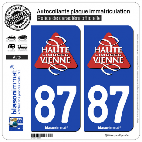2 Autocollants plaque immatriculation Auto 87 Haute-Vienne - Tourisme