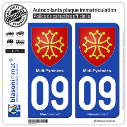 2 Autocollants plaque immatriculation Auto 09 Midi-Pyrénées - Armoiries