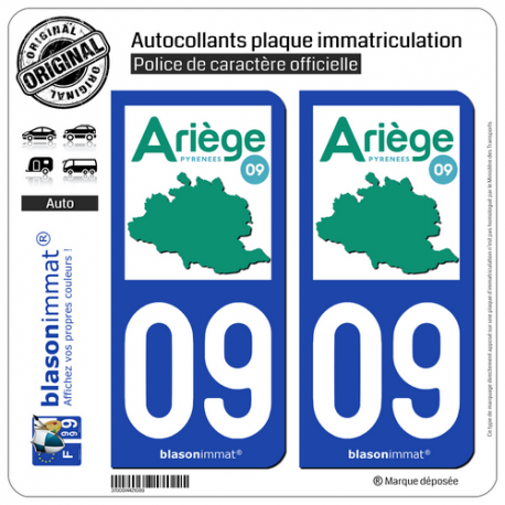 2 Autocollants plaque immatriculation Auto 09 Ariège - Département