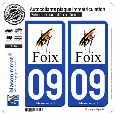 2 Autocollants plaque immatriculation Auto 09 Foix - Ville