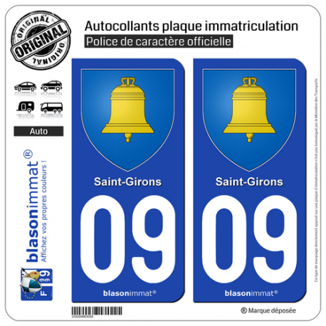 2 Autocollants plaque immatriculation Auto 09 Saint-Girons - Armoiries