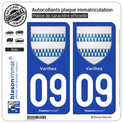 2 Autocollants plaque immatriculation Auto 09 Varilhes - Armoiries