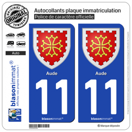 2 Autocollants plaque immatriculation Auto 11 Aude - Armoiries