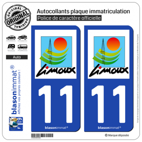 2 Autocollants plaque immatriculation Auto 11 Limoux - Ville