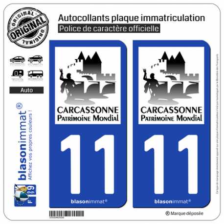 2 Autocollants plaque immatriculation Auto 11 Carcassonne - Patrimoine Mondial
