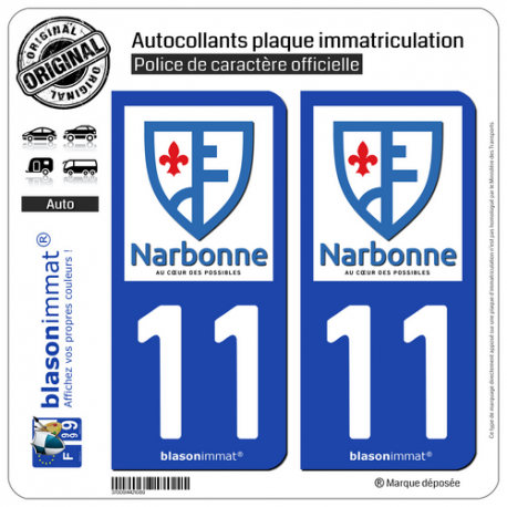 2 Autocollants plaque immatriculation Auto 11 Narbonne - Ville