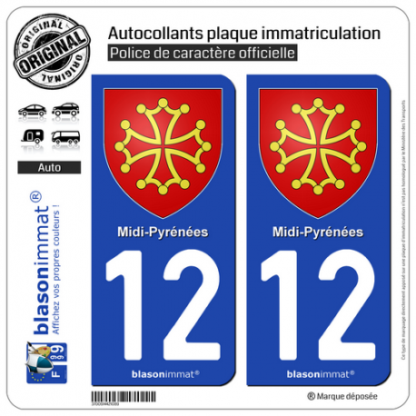2 Autocollants plaque immatriculation Auto 12 Midi-Pyrénées - Armoiries