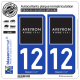 2 Autocollants plaque immatriculation Auto 12 Aveyron - Tourisme
