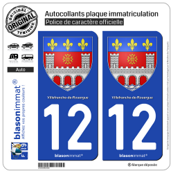 2 Autocollants plaque immatriculation Auto 12 Villefranche-de-Rouergue - Armoiries