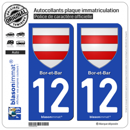 2 Autocollants plaque immatriculation Auto 12 Bor-et-Bar - Armoiries
