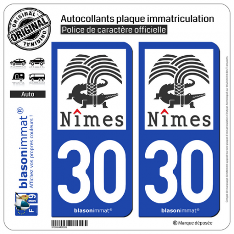2 Autocollants plaque immatriculation Auto 30 Nîmes - Ville II
