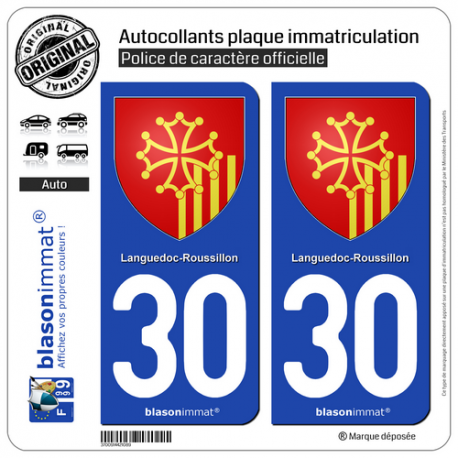 2 Autocollants plaque immatriculation Auto 30 Languedoc-Roussillon - Armoiries