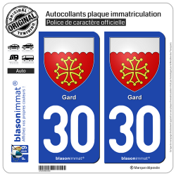 2 Autocollants plaque immatriculation Auto 30 Gard - Armoiries