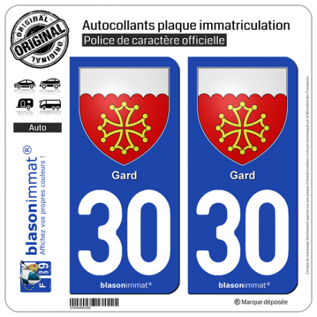 2 Autocollants plaque immatriculation Auto 30 Gard - Armoiries