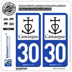2 Autocollants plaque immatriculation Auto 30 Camargue - Croix Camarguaise