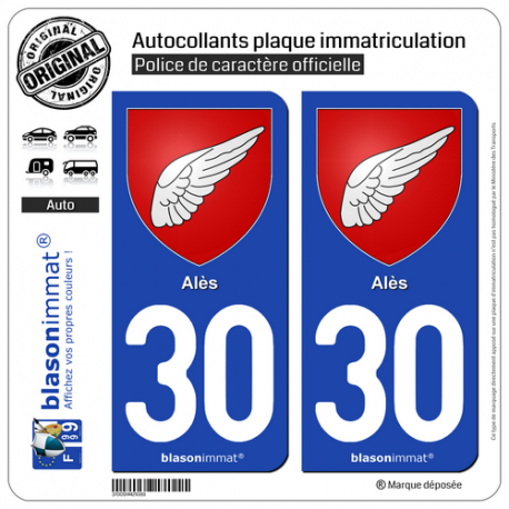 2 Autocollants plaque immatriculation Auto 30 Alès - Armoiries