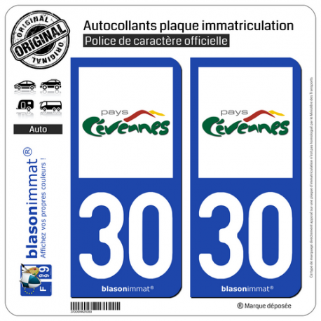 2 Autocollants plaque immatriculation Auto 30 Cévennes - Pays