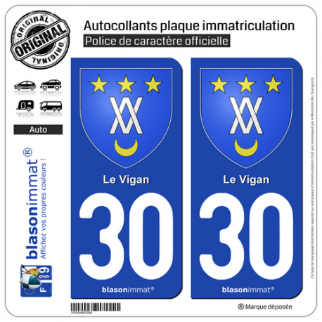 2 Autocollants plaque immatriculation Auto 30 Le Vigan - Armoiries