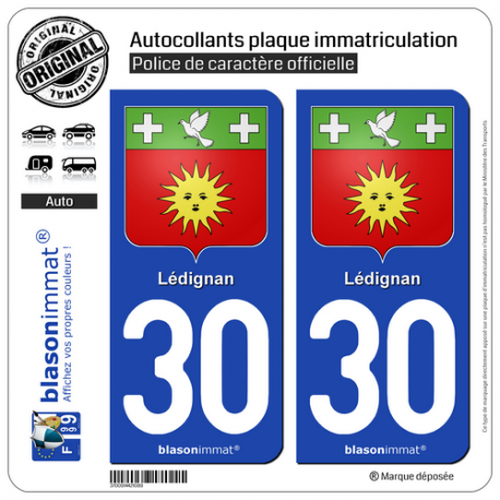 2 Autocollants plaque immatriculation Auto 30 Lédignan - Armoiries