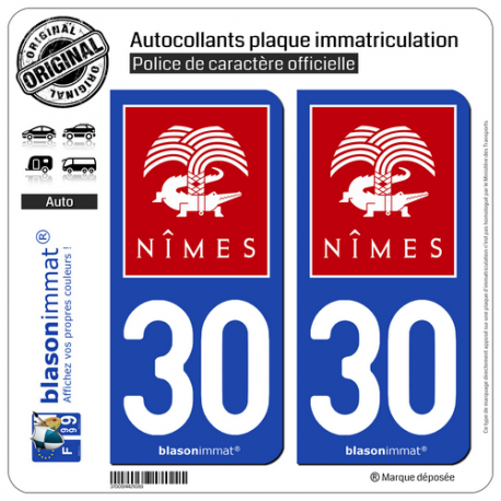 2 Autocollants plaque immatriculation Auto 30 Nîmes - Ville