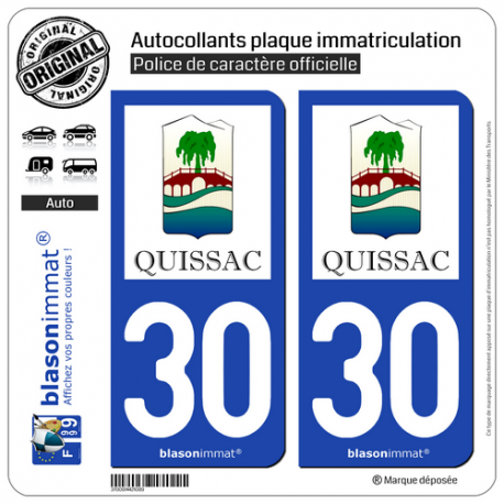 2 Autocollants plaque immatriculation Auto 30 Quissac - Commune