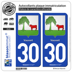 2 Autocollants plaque immatriculation Auto 30 Vauvert - Armoiries