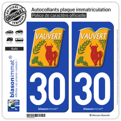 2 Autocollants plaque immatriculation Auto 30 Vauvert - Commune