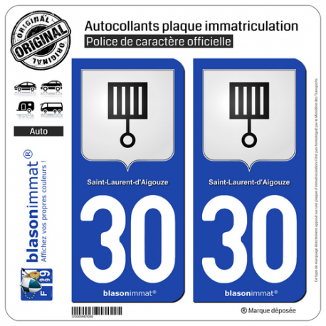 2 Autocollants plaque immatriculation Auto 30 St-Laurent-d'Aigouze - Armoiries