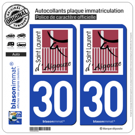 2 Autocollants plaque immatriculation Auto 30 St-Laurent-d'Aigouze - Commune