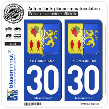 2 Autocollants plaque immatriculation Auto 30 Le Grau-du-Roi - Armoiries