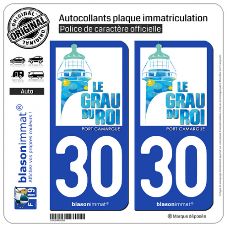 2 Autocollants plaque immatriculation Auto 30 Le Grau-du-Roi - Commune