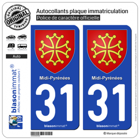 2 Autocollants plaque immatriculation Auto 31 Midi-Pyrénées - Armoiries