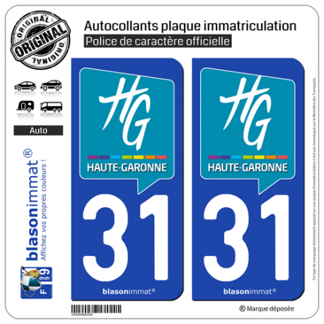 2 Autocollants plaque immatriculation Auto 31 Haute-Garonne - Département