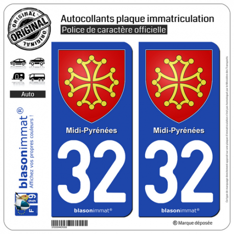 2 Autocollants plaque immatriculation Auto 32 Midi-Pyrénées - Armoiries