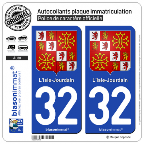 2 Autocollants plaque immatriculation Auto 32 L'Isle-Jourdain - Armoiries