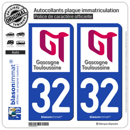 2 Autocollants plaque immatriculation Auto 32 L'Isle-Jourdain - Agglo