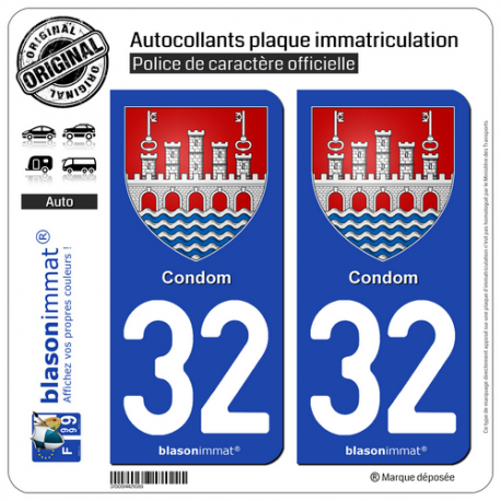 2 Autocollants plaque immatriculation Auto 32 Condom - Armoiries