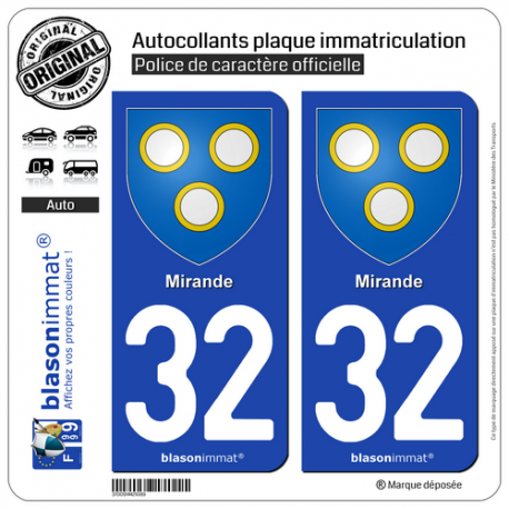 2 Autocollants plaque immatriculation Auto 32 Mirande - Armoiries