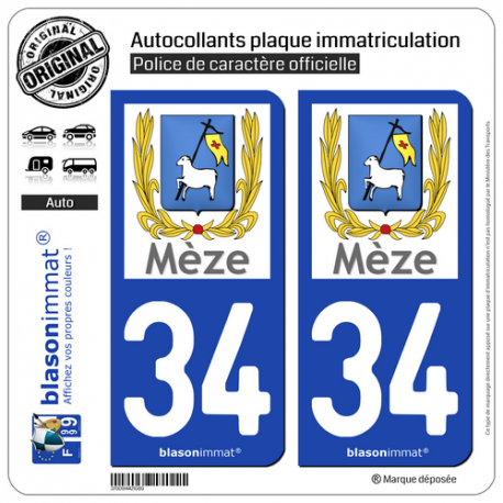 2 Autocollants plaque immatriculation Auto 34 Mèze - Ville