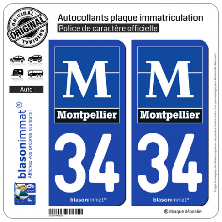 2 Autocollants plaque immatriculation Auto 34 Montpellier - Ville