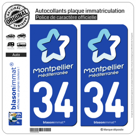 2 Autocollants plaque immatriculation Auto 34 Montpellier - Tourisme