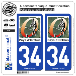 2 Autocollants plaque immatriculation Auto 34 Orthus - Pays
