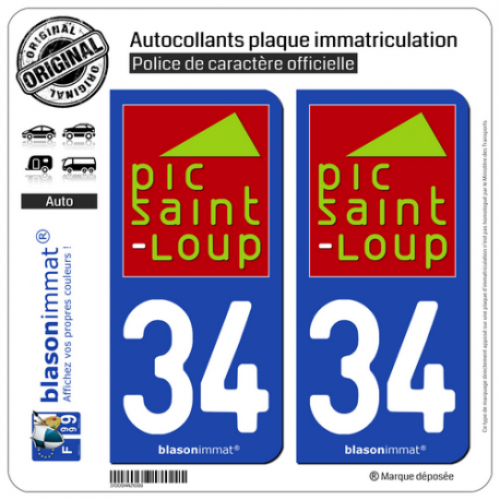 2 Autocollants plaque immatriculation Auto 34 Pic Saint Loup - Pays